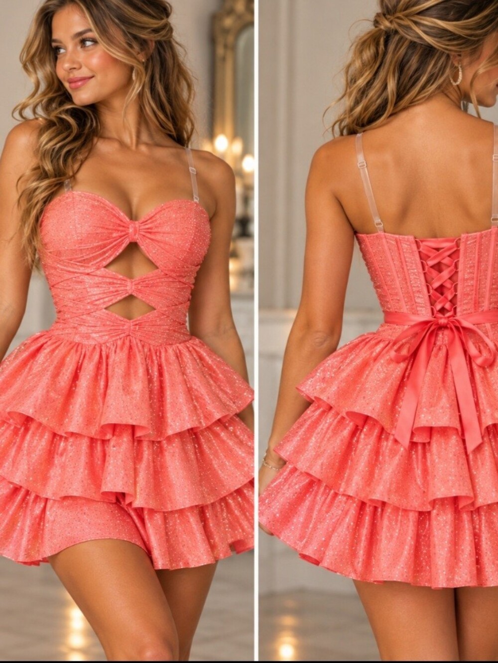 Coral Micro Mini Short Dress S 4 Homecoming Prom Dance Sparkle Cutouts Layers